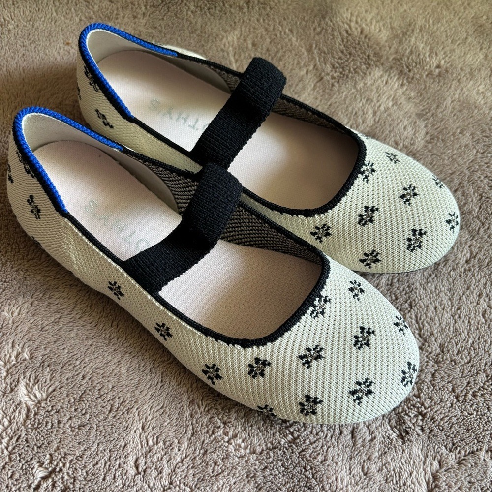 Rothy's Kids Cream and Black Floral Mary Jane Flats